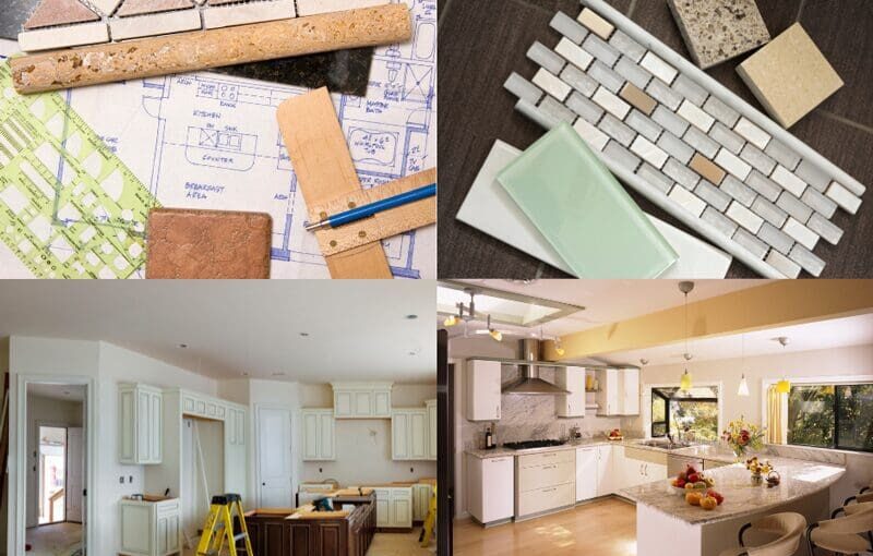 Kitchen remodeling process showing design blueprints, material samples, cabinet installation, and finished modern kitchen with white cabinetry and granite countertops