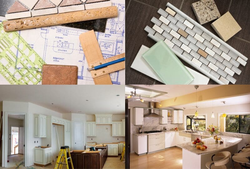 Kitchen remodeling process showing design blueprints, material samples, cabinet installation, and finished modern kitchen with white cabinetry and granite countertops