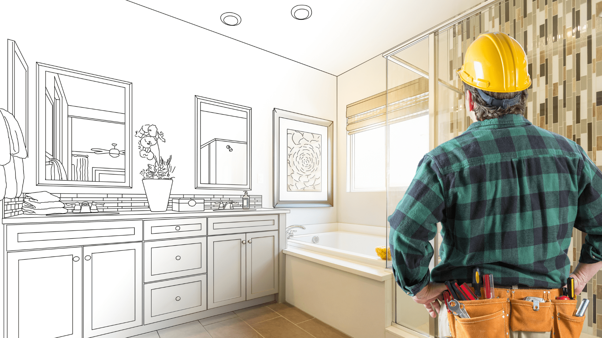 Construction worker in hard hat and tool belt viewing bathroom renovation blueprint overlay on completed space with vanity, mirrors, and bathtub