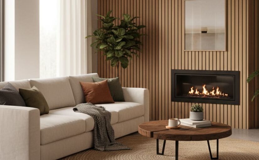 Modern living room with beige sofa, wooden accent wall with vertical paneling, linear fireplace, round wood coffee table, potted plants, and natural lighting from large windows