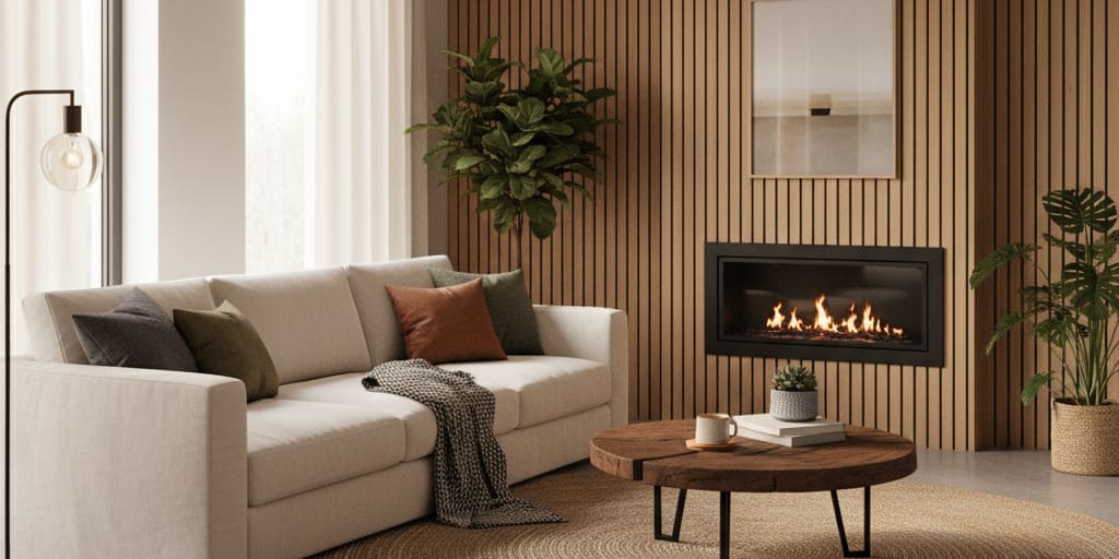 Modern living room with beige sofa, wooden accent wall with vertical paneling, linear fireplace, round wood coffee table, potted plants, and natural lighting from large windows