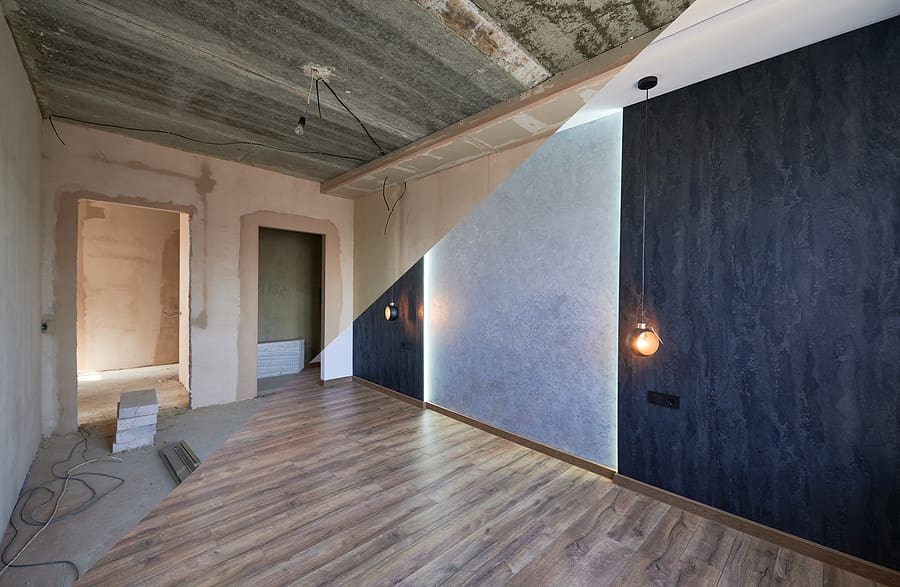 Before and after view of a home interior remodel, showing a dramatic transformation completed by a home remodeling contractor with new flooring, modern lighting, and finished walls.