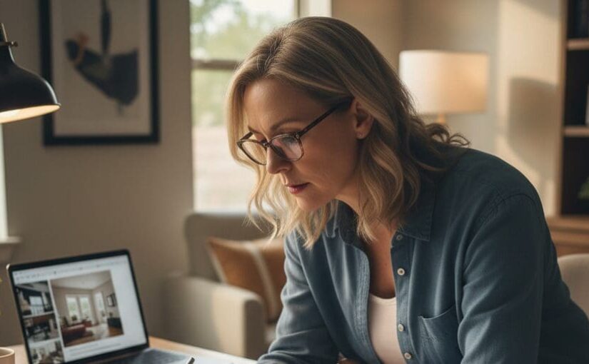Woman wearing glasses and blue shirt reviewing digital marketing plans on laptop at home office desk with lamp and plants