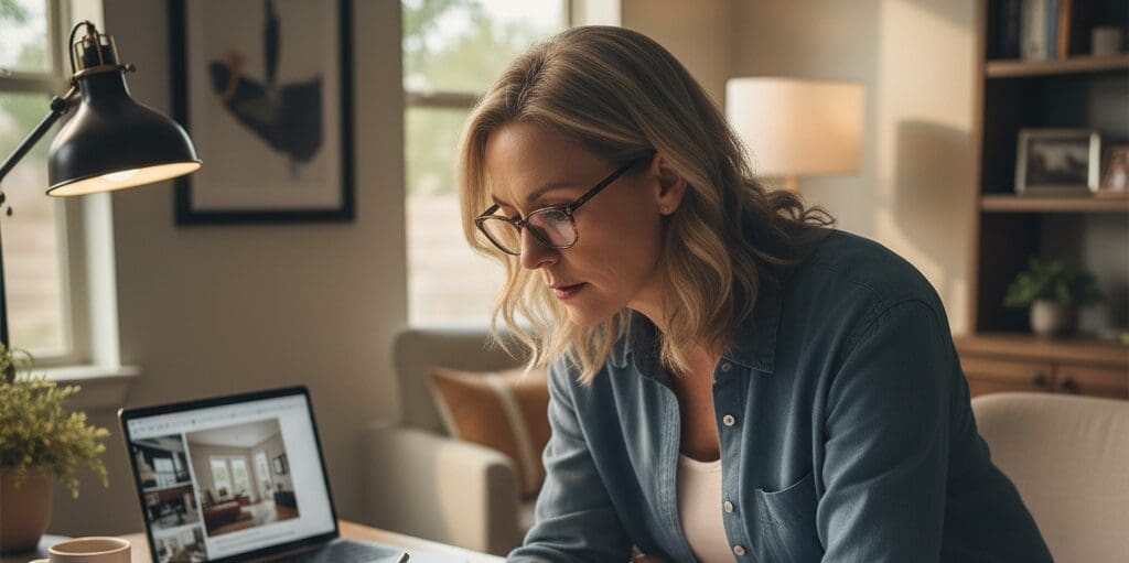 Woman wearing glasses and blue shirt reviewing digital marketing plans on laptop at home office desk with lamp and plants
